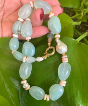 Load image into Gallery viewer, Short Aqua chalcedony beaded necklace with gold vermeil details and baroque pearl
