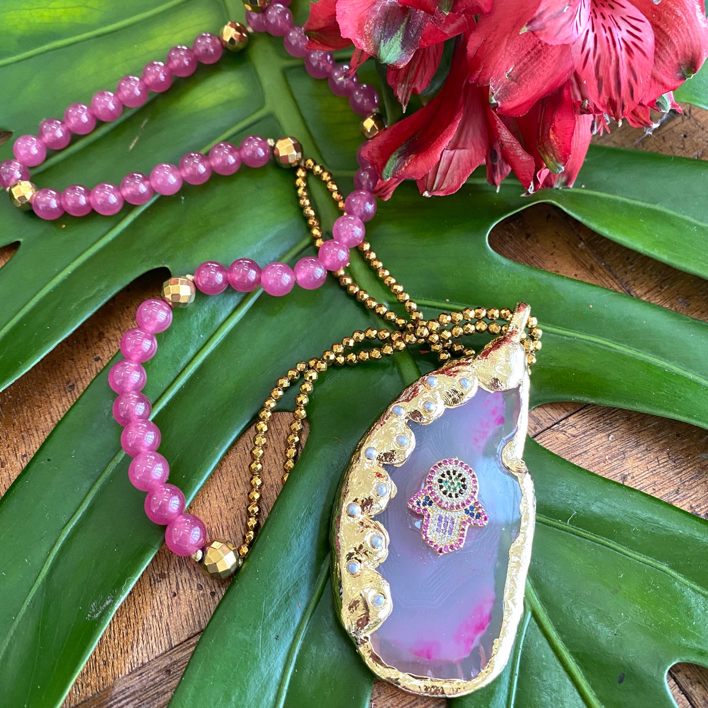 Chunky Hamsa Hot Pink Agate Pendant Necklace