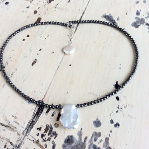 Hematite and White Baroque Pearl Short Necklace, Modern Jewelry, Single Pearl Necklace