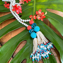 Load image into Gallery viewer, Pearl Lariat Necklace w Coral &amp; Turquoise
