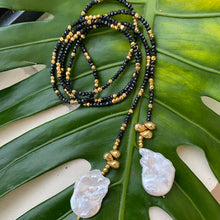 Load image into Gallery viewer, Black Spinel and Gold Pyrite Beaded Lariat Necklace with Two Baroque Pearls
