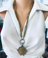 Cargar imagen en el visor de la galería, Chunky Gold Hematite Beads and Repro Mexican Peso Coin Pendant Necklace, 28&quot;inches
