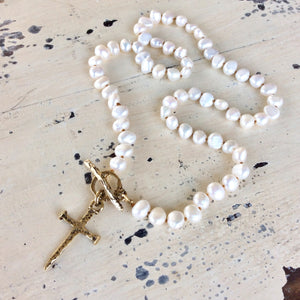 Freshwater Pearl Necklace, Cross Pendant Necklace, Religious Jewelry