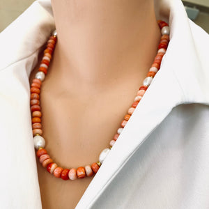 Fire Red Opal Candy Necklace with White Fresh Water Pearls, 21"inches