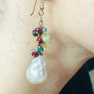 Mixed Gemstones Cluster Earrings w Baroque Pearls