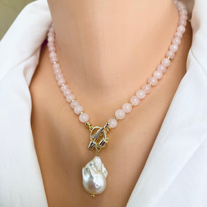 Rose Quartz Necklace w Baroque Pearl, Gold Plated Tulip Toggle Clasp, 16.5"or 17.5' inches