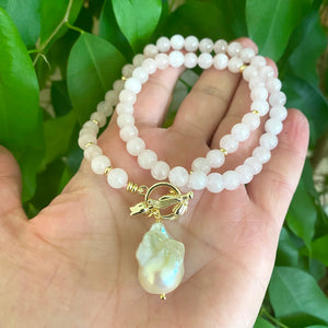 Rose Quartz Necklace w Baroque Pearl, Gold Plated Tulip Toggle Clasp, 16.5"or 17.5' inches