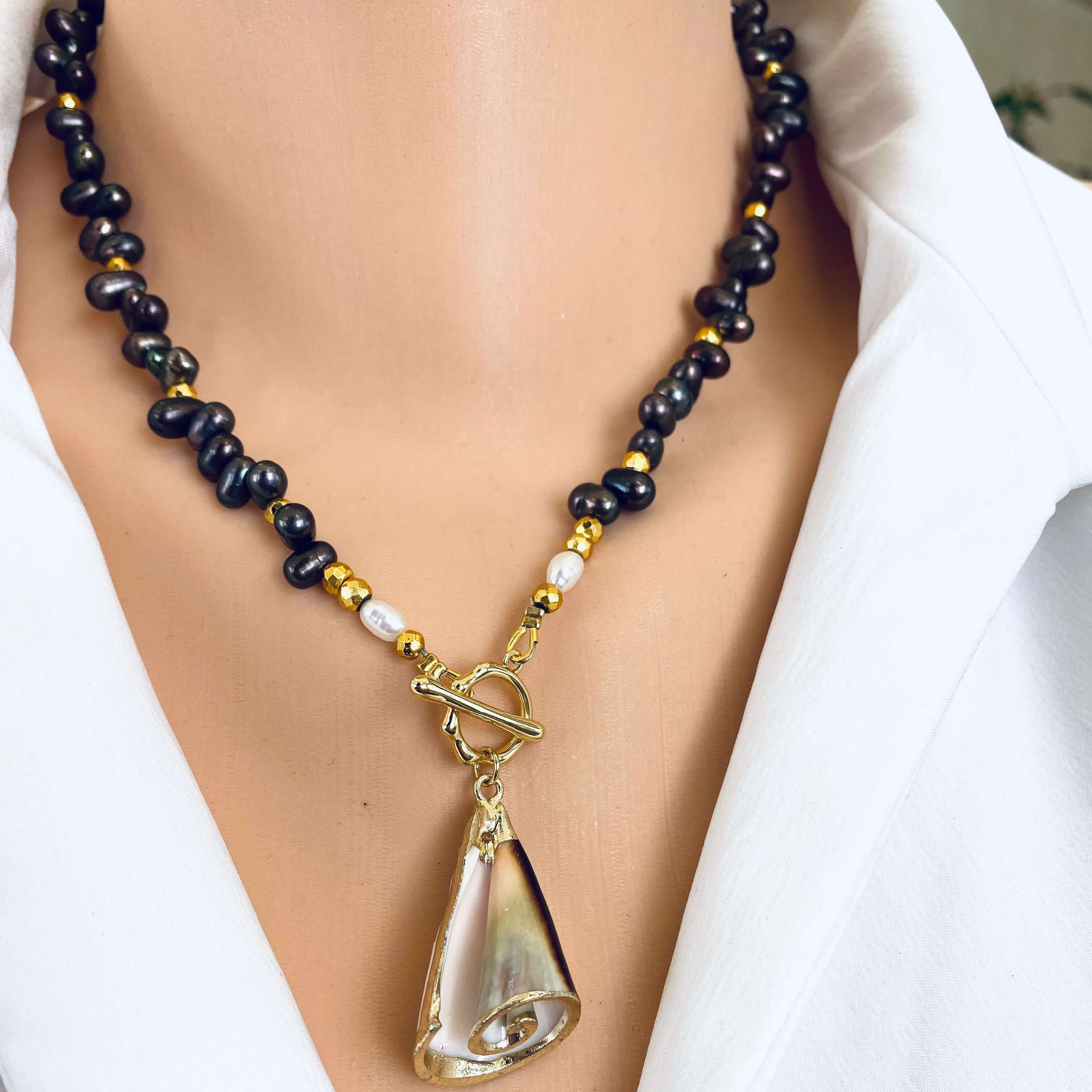 Brown Pearls Toggle Necklace & Real Seashell Charm Pendant