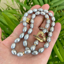 Load image into Gallery viewer, Grey Pearl Necklace w Artisan Gold Bronze Heart Toggle Clasp &amp; Gold Filled, 17.5 inches
