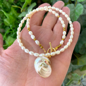 Real Seashell & Freshwater Pearl Beaded Necklace White Shell Pendant, 17"inches