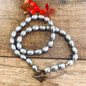 Grey Pearl Necklace w Artisan Gold Bronze Heart Toggle Clasp & Gold Filled, 17.5 inches