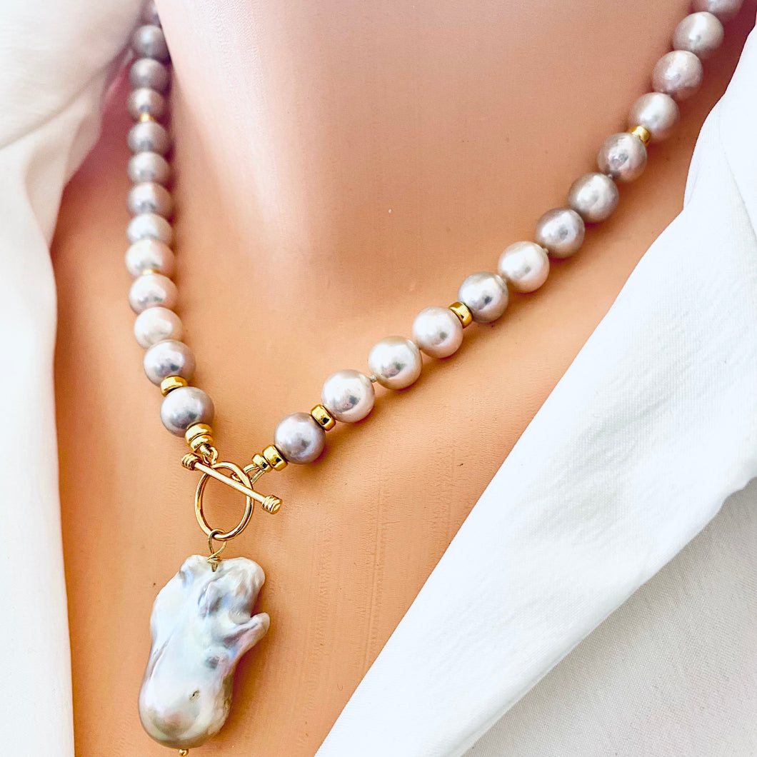 Lavender Pink Round Pearl Necklace w Baroque Pearl Charm Pendant, Vermeil Details, 18