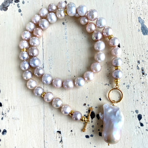 Lavender Pink Round Pearl Necklace w Baroque Pearl Charm Pendant, Vermeil Details, 18"Inches