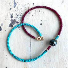 Load image into Gallery viewer, Turquoise &amp; Ruby Necklace w Tahitian Baroque Pearl, Gold Filled, 17&quot;inches, December &amp; July Birthstone
