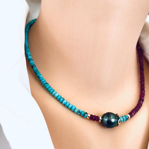 Turquoise & Ruby Necklace w Tahitian Baroque Pearl, Gold Filled, 17"inches, December & July Birthstone