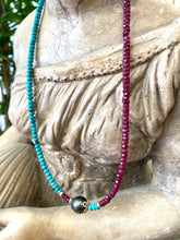 Cargar imagen en el visor de la galería, Turquoise &amp; Ruby Necklace w Tahitian Baroque Pearl, Gold Filled, 17&quot;inches, December &amp; July Birthstone
