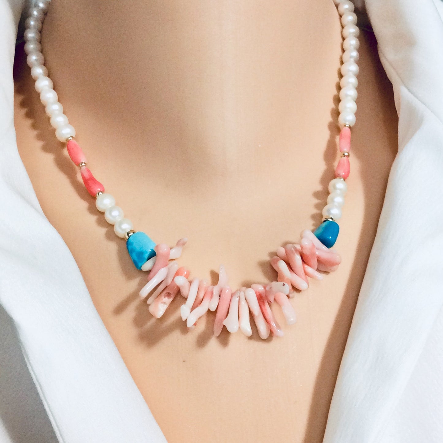 Pink Coral, pearls & Turquoise Necklace 14k GF