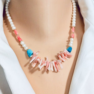 Pink Coral w pearls & Turquoise Necklace, Gold Filled, 18"in