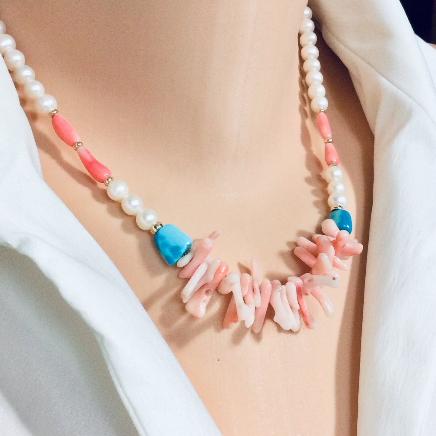 Pink Coral, pearls & Turquoise Necklace 14k GF