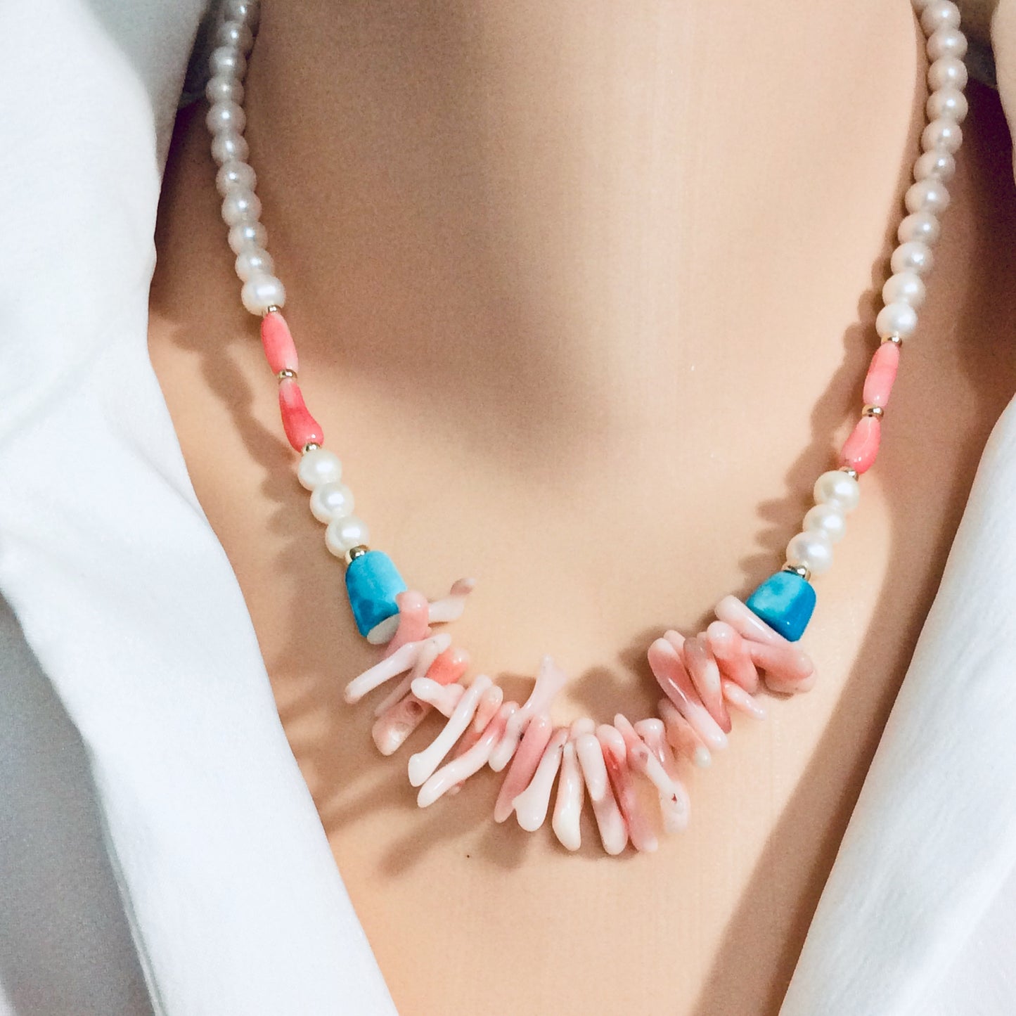 Pink Coral, pearls & Turquoise Necklace 14k GF
