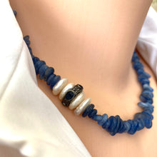 Cargar imagen en el visor de la galería, Blue Kyanite and Sapphire Beaded necklace with Button Pearls and Diamond Pave Details
