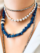 Load image into Gallery viewer, Blue Kyanite and Sapphire Beaded necklace with Button Pearls and Diamond Pave Details
