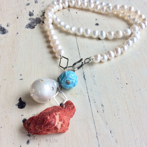 Pearl Necklace with Studded Baroque Pearl, Sponge Red Coral and Turquoise Charms