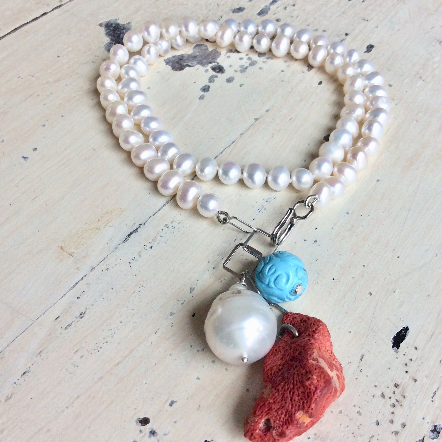 Pearl Necklace with Red Coral Pendant & Turquoise Charm