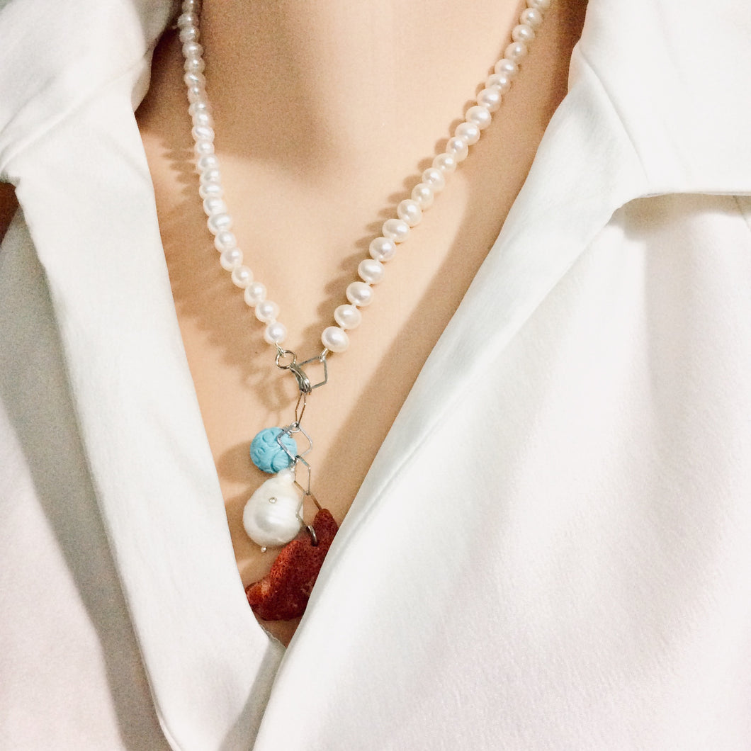 Pearl Necklace with Studded Baroque Pearl, Sponge Red Coral and Turquoise Charms