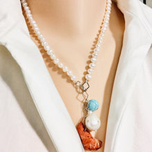 Charger l&#39;image dans la galerie, Pearl Necklace with Studded Baroque Pearl, Sponge Red Coral and Turquoise Charms
