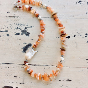 Shaded Carnelian Nuggets Necklace with Large Baroque Pearl and Sterling Silver Details