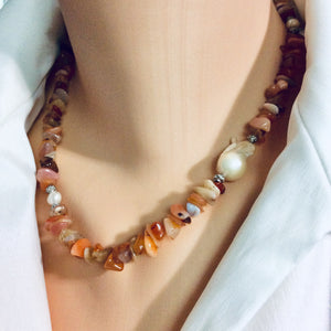 Shaded Carnelian Nuggets Necklace with Large Baroque Pearl and Sterling Silver Details