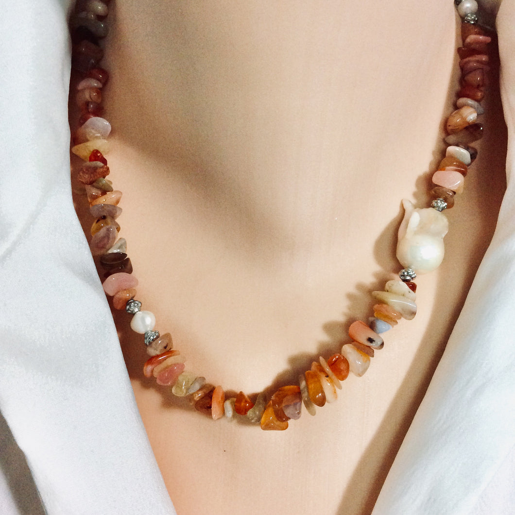 Shaded Carnelian Nuggets Necklace with Large Baroque Pearl and Sterling Silver Details