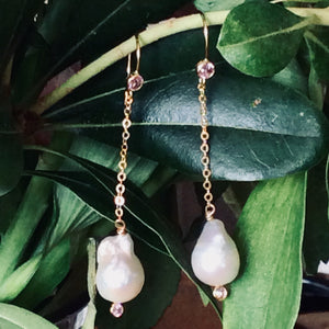 Baroque Pearl Chain Earrings w Pink Cubic Zirconia