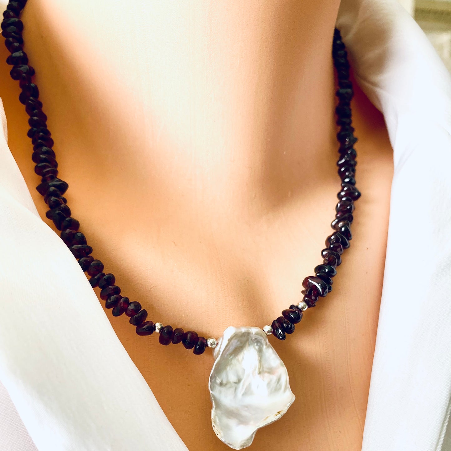 Garnet and Baroque Pearl Necklace