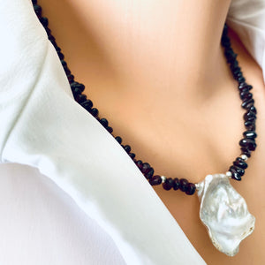 Garnet and Baroque Pearl Necklace, January Birthstone Necklace, Garnet Jewelry, Sterling Silver, 18"inches