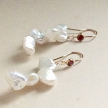 Load image into Gallery viewer, Keshi Pearls Drop Earrings, Gold Filled Hook and Deep Red Cubic Zirconia

