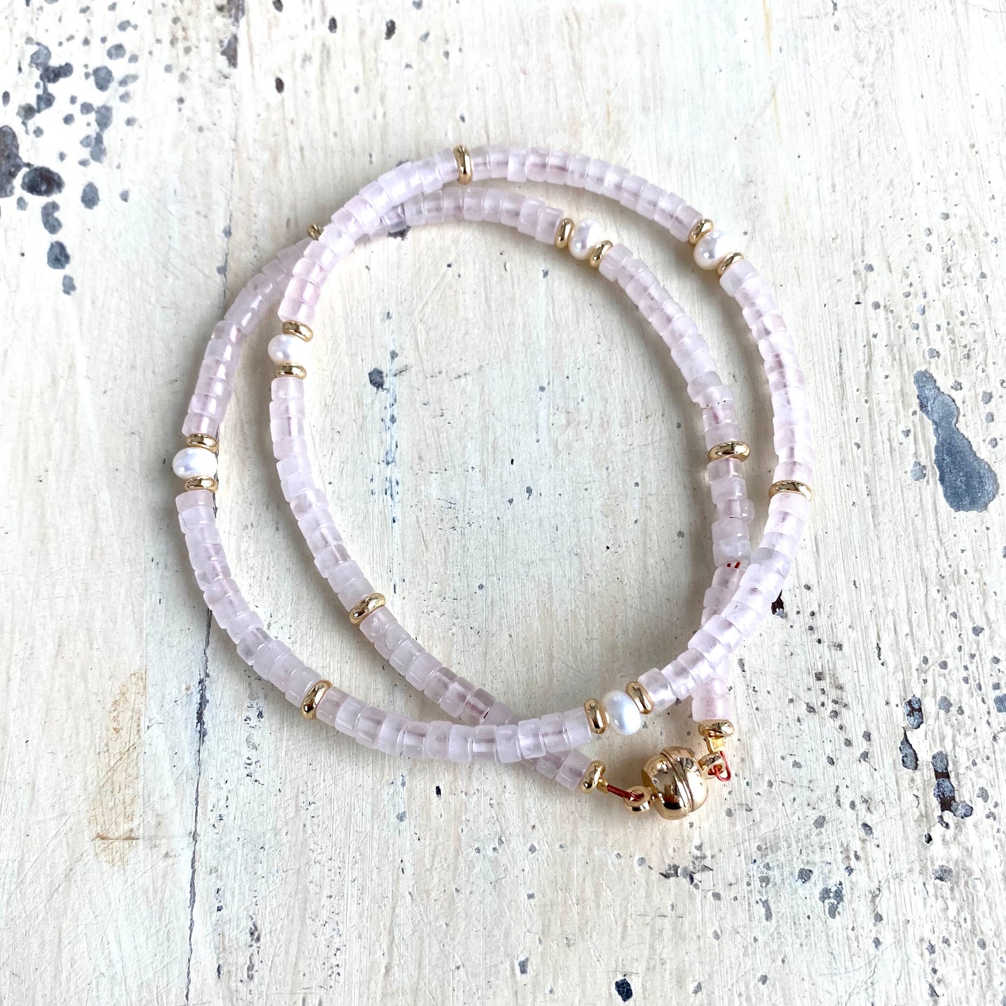 Multi gemstone choker necklaces featuring rose quartz beads and gold plated clasp