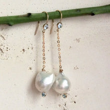 Charger l&#39;image dans la galerie, Dainty Baroque Pearl Long Drop Earrings, Gold Filled Chain Earrings w Skye Blue Cubic Zirconia, Brides Gift
