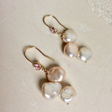 Load image into Gallery viewer, Keshi Pearl Drop Earrings, Gold Filled Hook Earrings with Pink Cubic Zirconia
