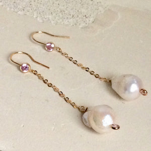 Baroque Pearl Chain Earrings w Pink Cubic Zirconia