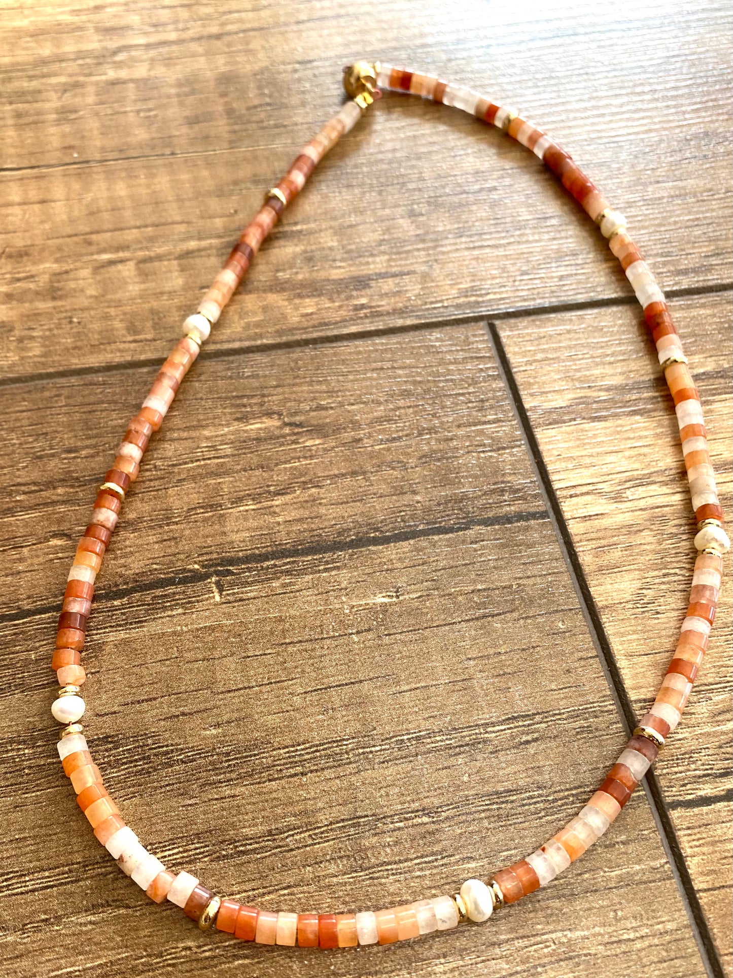 Multi gemstone choker necklaces with red aventurine beads and freshwater pearl accents