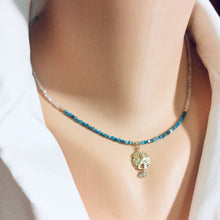 Load image into Gallery viewer, Apatite and Natural White Zircon Beaded Chain w Sand Dollar Sea life charm in 14k Gold Filled
