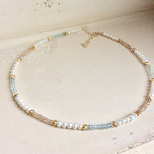 Cargar imagen en el visor de la galería, Pearl Choker Necklace with Citrine and Aquamarine Beads, Gold Filled, 15&quot;inches
