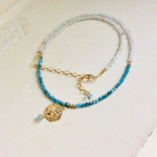 Load image into Gallery viewer, Apatite and Natural White Zircon Beaded Chain w Sand Dollar Sea life charm in 14k Gold Filled
