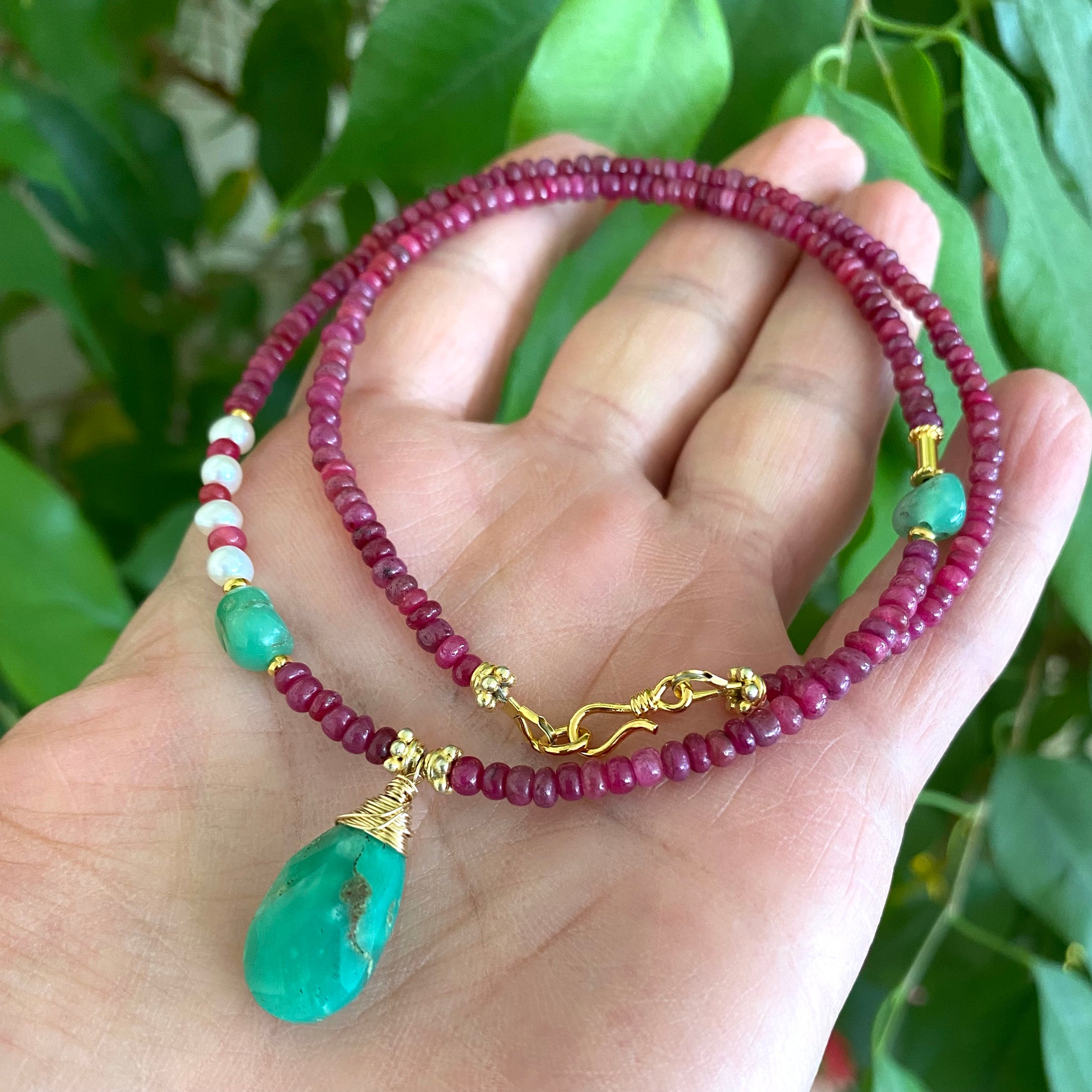 Chrysoprase, Pearls & Rubies OOAK Necklace