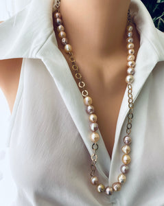 Edison Wrinkled Pearls, Kasumi Like Necklace, Rose Gold Plated Silver Details, 28"inches