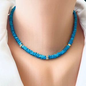 Turquoise Choker Necklace, Gold Vermeil Details and Clasp, 15.5"or 16"inches, December Birthstone