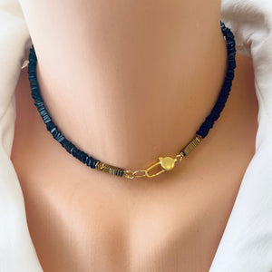 Black Spinel Beads Choker Necklace with Gold Vermeil Details and Clasp, 15"inches