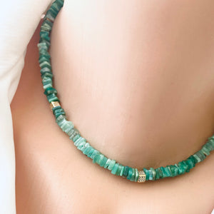 Green Chrysoprase Heishi Square Beads Choker Necklace with Gold Vermeil, 15.75"inches